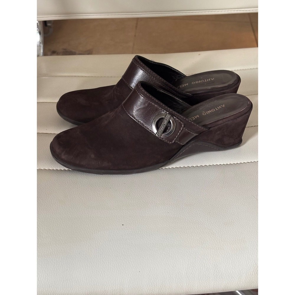Antonio Melani Womens Brown Suede Leather Buckle Wedge Mules Slides Size 8M